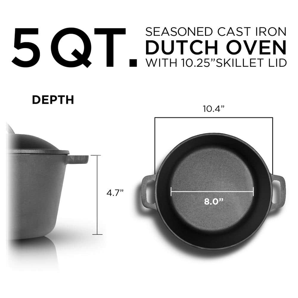 Black 5 Quart Cast Iron Dutch Oven with Dome Lid and Handles