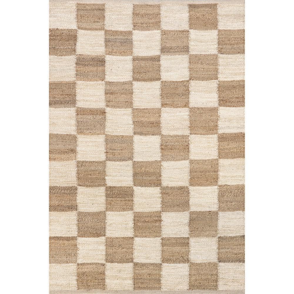 Ivory and Beige Checkered Cotton Jute 8' x 10' Area Rug