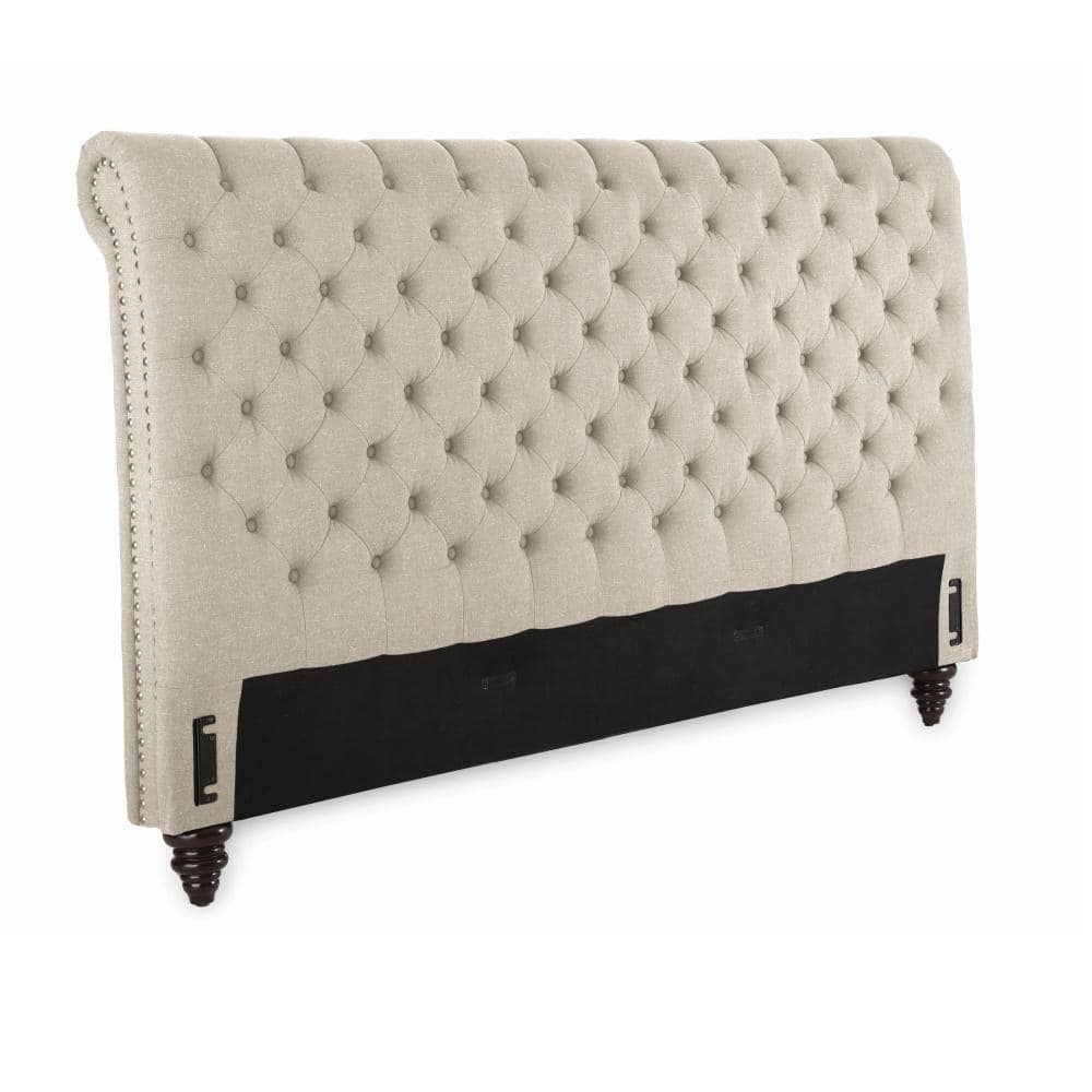 Transitional Beige Linen King Sleigh Bed with Nailhead Trim