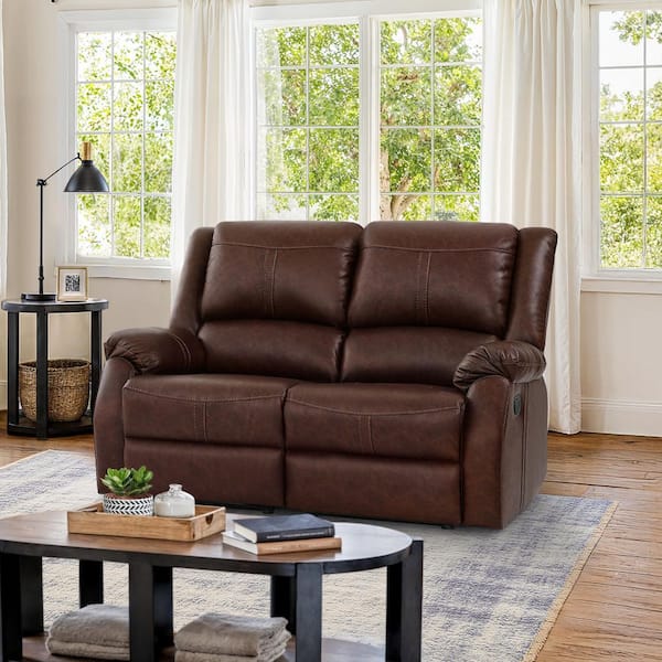 Jackson 59 in. W Rolled Arm Leather Upholstered 2-Seater Rectangle Push Back Recliner Loveseat in Brown