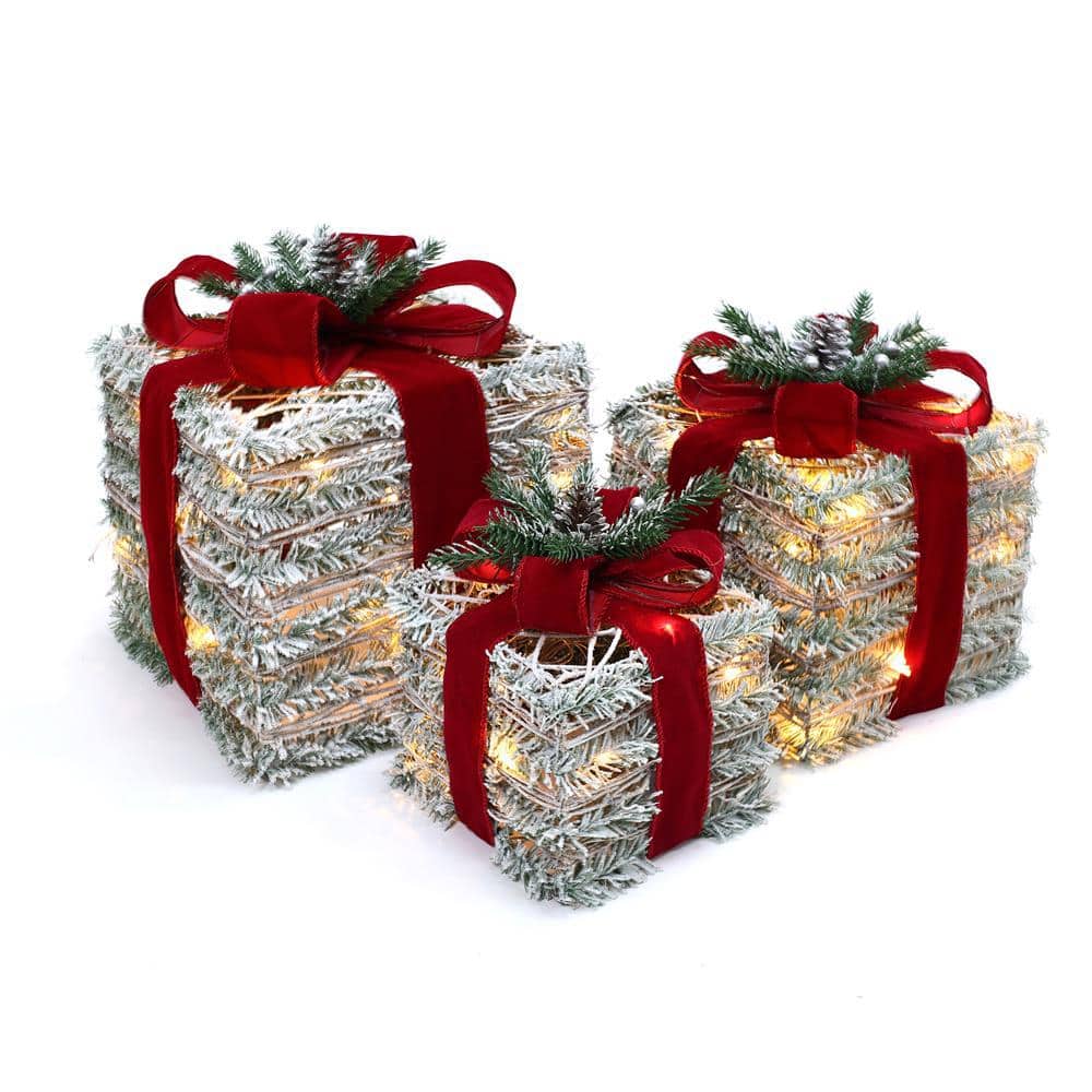 Frosted Faux Cedar Branch Giftbox Set with Lights