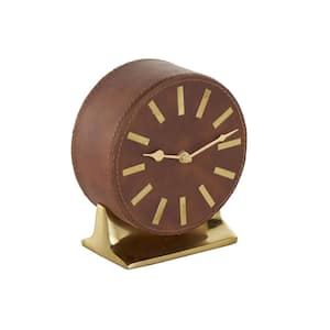 Brown Faux Leather Round Clock with Gold Rectangular Base