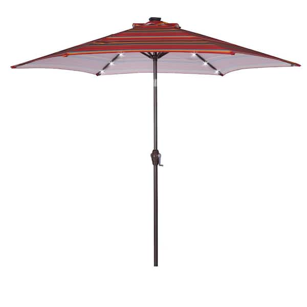 Runesay 8.7 ft. Patio Beach Market Outdoor Table Umbrella with Push Button Tilt and Crank in Red Striped with 24 LED Lights