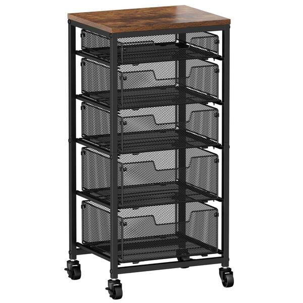 Black 5-Drawer Rolling Storage Cart with Wooden Top and Metal Frame for Kitchen, Bath, Office and Studio