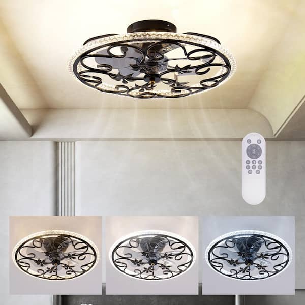 20 in. Flush Mount Caged Indoor Matte Black Ceiling Fan with Dimmer LED Lights and Reversible DC Motor for Small Bedroom