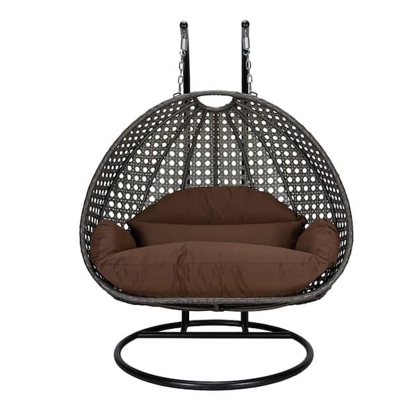 Leisuremod 2-Person Egg Swing Chair Charcoal Wicker Outdoor Patio Hanging Chair with Brown Cushions