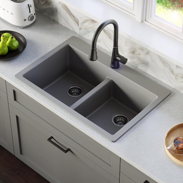 Karran Grey Quartz 33 in. 50/50 Double Bowl Composite Drop-in Kitchen Sink