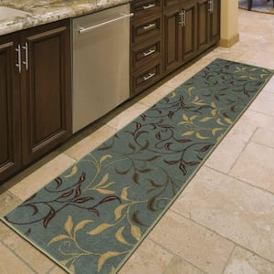 Ottohome Collection Non-Slip Rubberback Leaves 2x7 Indoor Runner Rug, 1 ft. 10 in. x 7 ft., Dark Seafoam Green