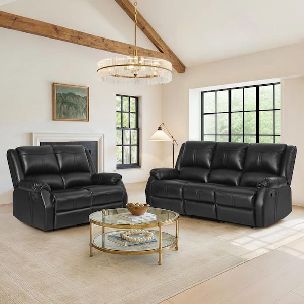 Jake 80.7 in. W Black 2-Piece Leather Upholstered Push Back  Rectangle Recliner Sofa and Loveseat with Rolled Arm