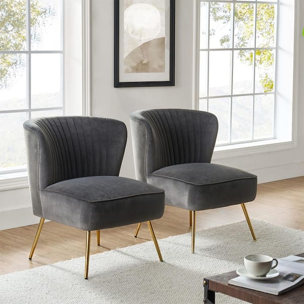 JAYDEN CREATION Monica Modern Grey Velvet Comfy Living Room Side Chair with Golden Metal Legs (Set of 2)