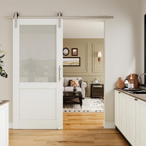 36 in. x 80 in. 1/2 Lite Tempered Frosted Glass White Primed MDF Sliding Barn Door with Hardware Kit Nickel Plat