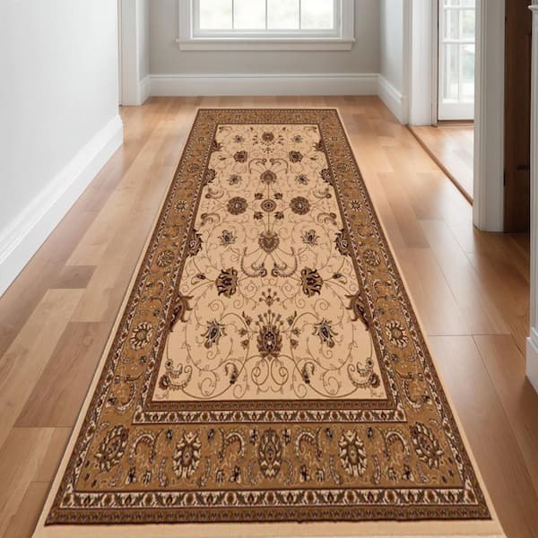14' Beige And Brown Oriental Runner Rug
