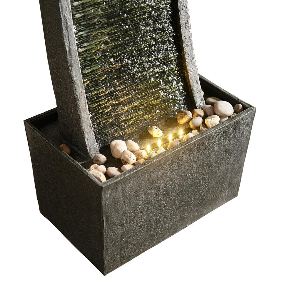 Modern Curved Black and Gray Slate Waterfall Fountain with LED Lights