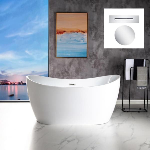 59 in. Acrylic Flat Bottom Double Slipper Soaking Bathtub with Polished Chrome Overflow and Drain Included in White