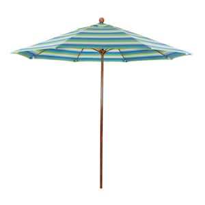 9 ft. Woodgrain Aluminum Commercial Market Patio Umbrella Fiberglass Ribs and Push Lift in Seville Seaside Sunbrella