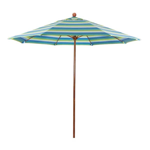 California Umbrella 9 ft. Woodgrain Aluminum Commercial Market Patio Umbrella Fiberglass Ribs and Push Lift in Seville Seaside Sunbrella