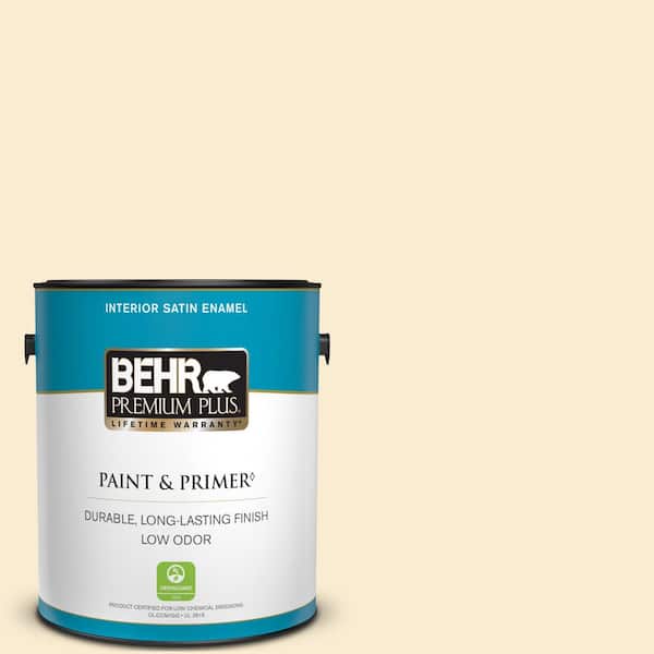 BEHR PREMIUM PLUS 1 gal. #OR-W04 Nice Cream Satin Enamel Low Odor Interior Paint & Primer