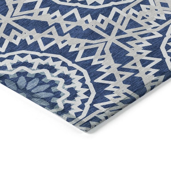 Navy Blue, Ivory, Gray 5 ft. x 8 ft. Woven Floral, Medallion Polyester Rectangle Indoor/Outdoor Area Rug