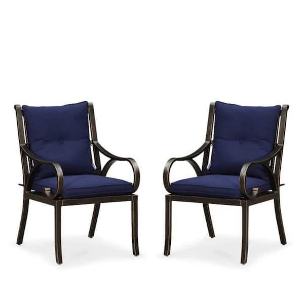PURPLE LEAF Outdoor Patio Metal Dining Chairs with All Weather Cast Aluminum Chairs with Cushions for Yard in Navy Blue（Set of 2)