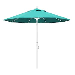 9 ft. Matted White Aluminum Collar Tilt Crank Lift Market Patio Umbrella in Aruba Sunbrella