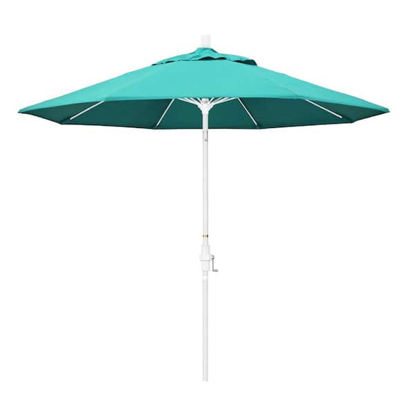 California Umbrella 9 ft. Matted White Aluminum Collar Tilt Crank Lift Market Patio Umbrella in Aruba Sunbrella