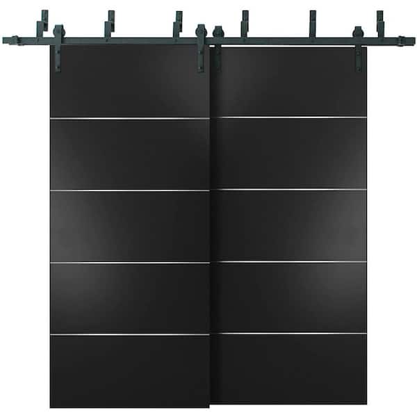 Sartodoors 0020 48 in. x 80 in. Flush Black Finished Pine Wood Barn Door Slab with Barn Bypass Hardware