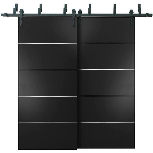 Sartodoors 0020 56 in. x 96 in. Flush Black Finished Pine Wood Barn Door Slab with Barn Bypass Hardware