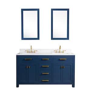 Madison 60 in. W Bath Vanity in Monarch Blue with Marble Vanity Top in Carrara White with White Basin(s)