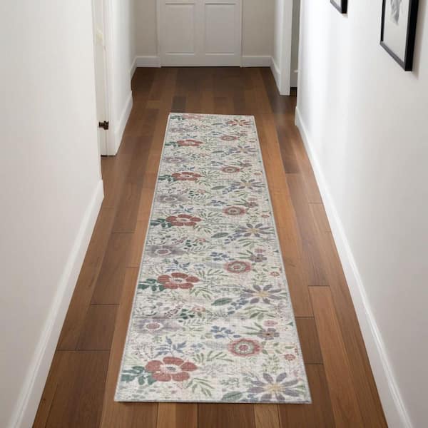 8 ft. Cream Floral Washable Runner Rug