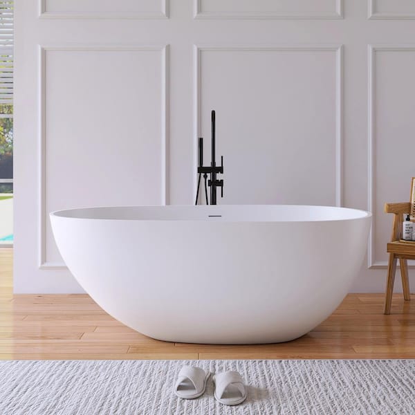 MEDUNJESS Luna 59 in. Stone Resin Solid Surface Matte Flatbottom Freestanding Bathtub in White