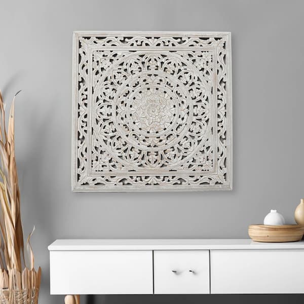 36 in. x 36 in. White Square Handcrafted Wooden Wall Decor Floral Mandala