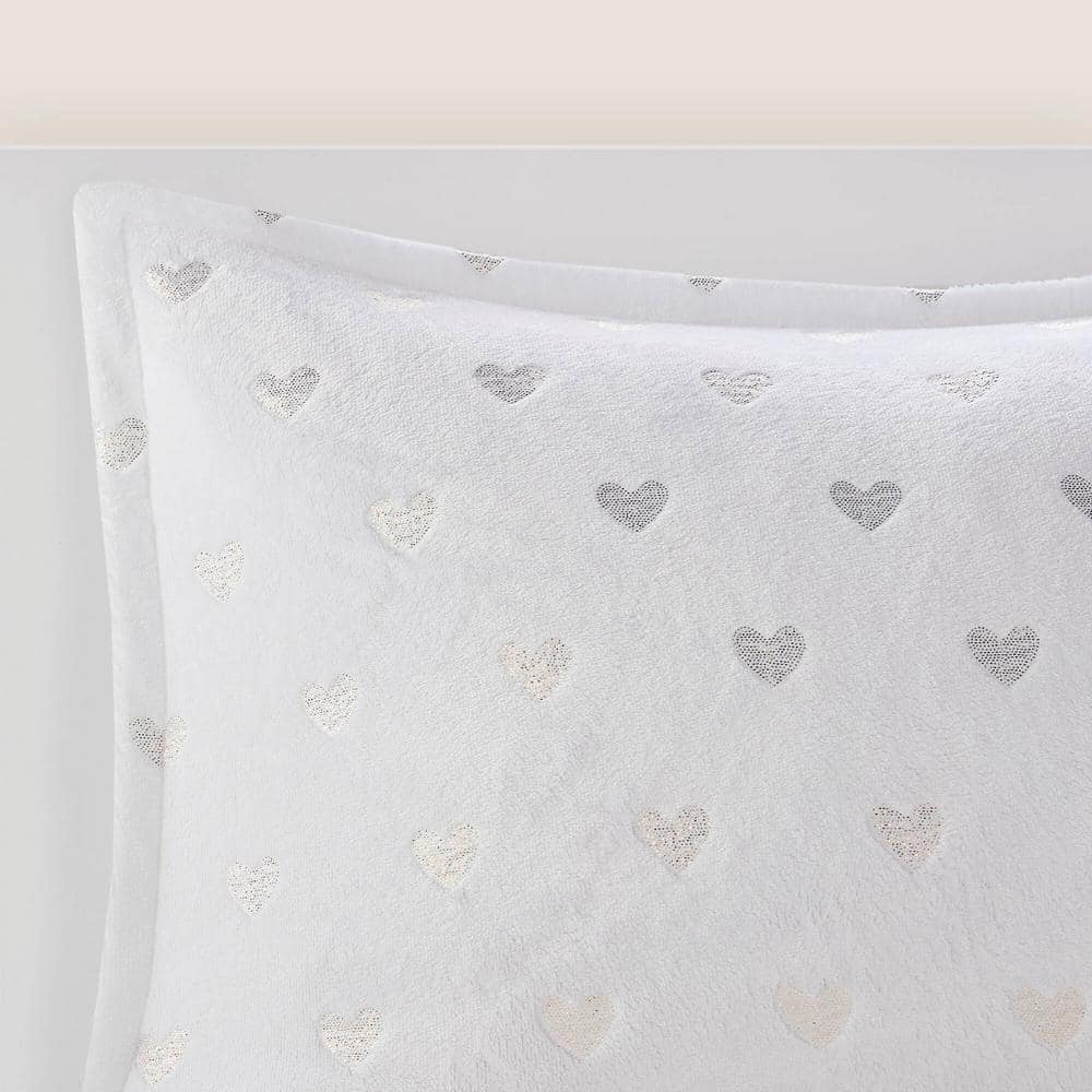 White and Gold Twin Microfiber Plush Comforter Set with Heart Print