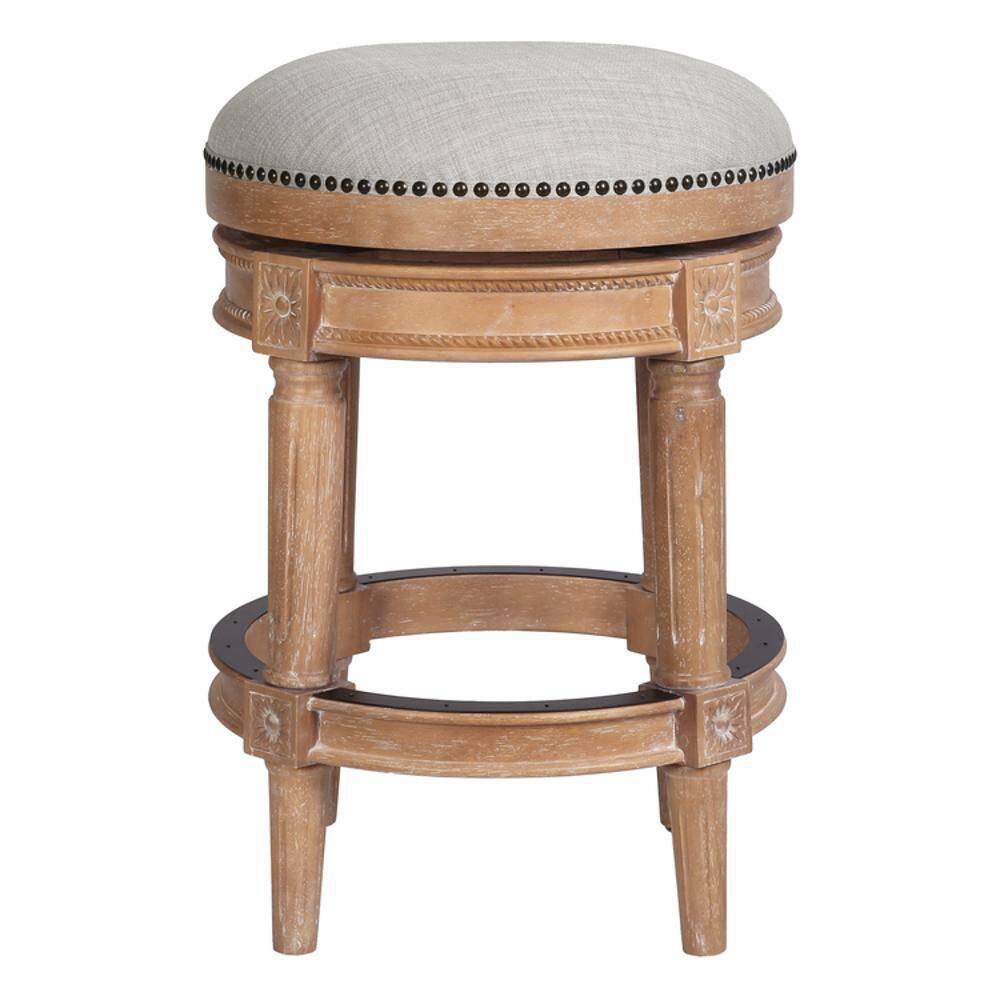 Weathered Natural Oak Backless Swivel Bar Stool with Gray Upholstered Seat