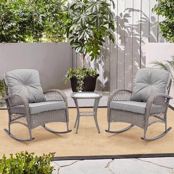 Harper & Bright Designs Gray 3-Piece Wicker Outdoor Rocking Chair Set with Gray Cushions and End Table