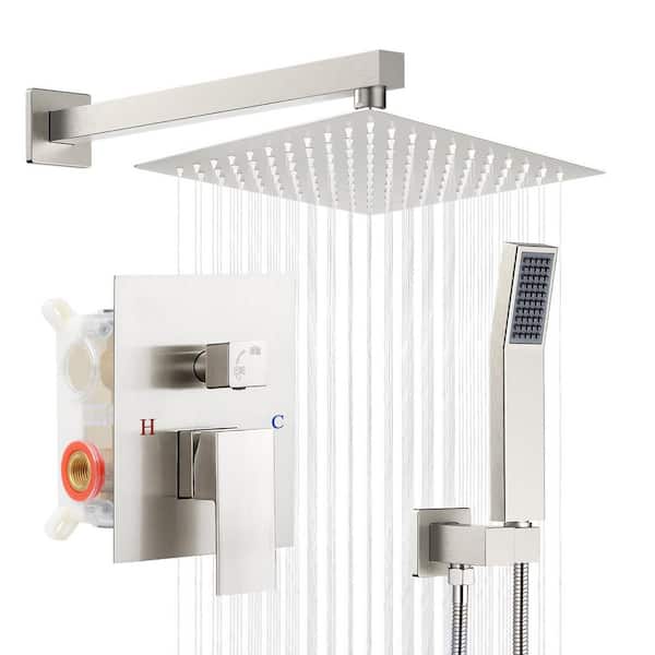 AKLFGN 2-Spray Square 10 in. Shower Head Wall Bar Shower Kit with Valve and Rainfall Shower 2.4 GPM in Brushed Nickel