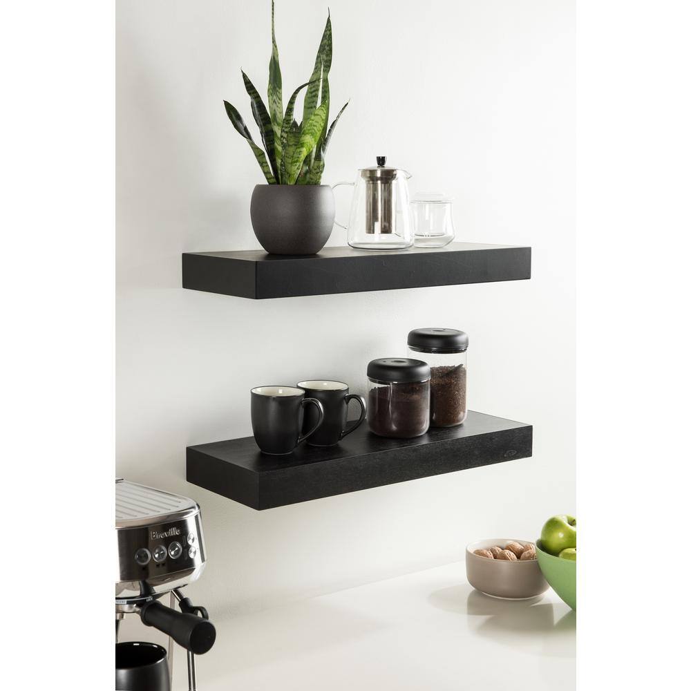 Havlock Black Solid Wood Floating Wall Shelves, Set of 2