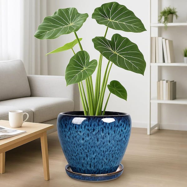 OGETFUUR Blue Ceramic Round Flower Planter Pot with Drainage Holes and Trays for Indoor Outdoor Plants (10 in. W x 7 in. H)