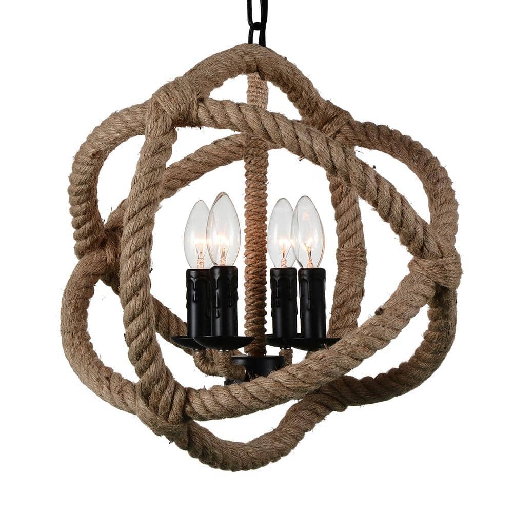 Rustic Black Steel Cage Pendant Light with Rope Embellishment