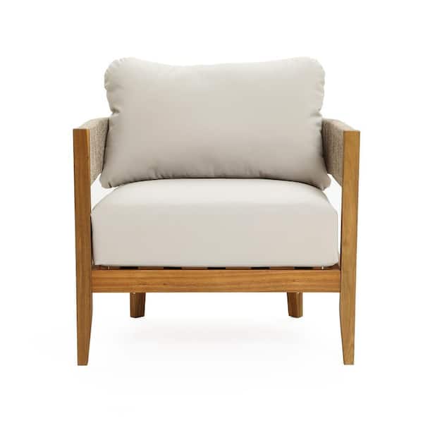 30.71 in. Wood Outdoor Rope Sides Club Lounge Chair with White Cushions