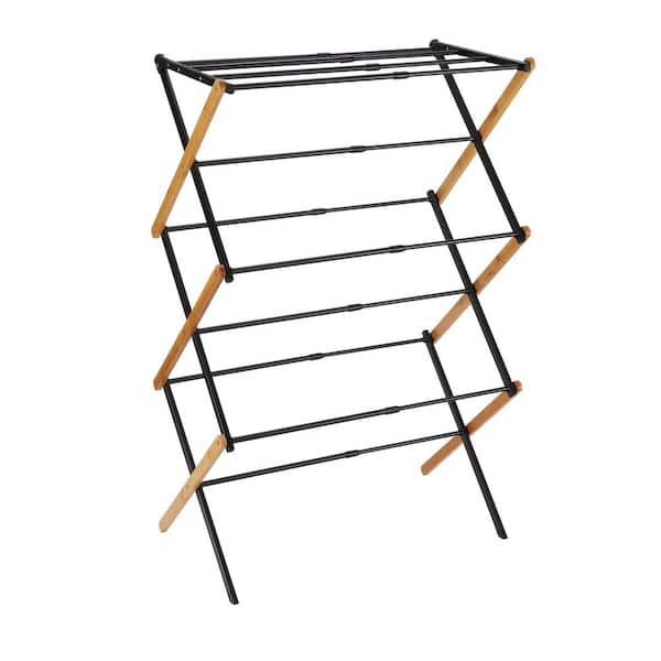 Black 42.13 in. x 14.17 in. x 29.13 in. Iron and Bamboo Free Standing 3 Tier Expandable Drying Rack