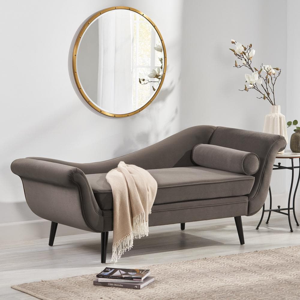 Taupe Velvet Chaise Lounge with Flared Arms