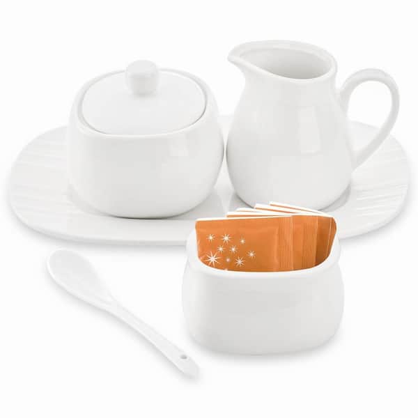 6 fl. oz. White Ceramic Sugar Bowl and Creamer Set (Set of 4), Small Creamer Pitcher with Handle for Coffee Bar