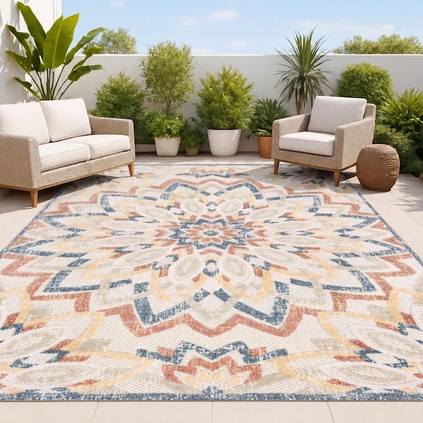 Flora Abstract Bold Mandala High-Low Cream/Multi 8 ft. x 10 ft. Indoor/Outdoor Area Rug