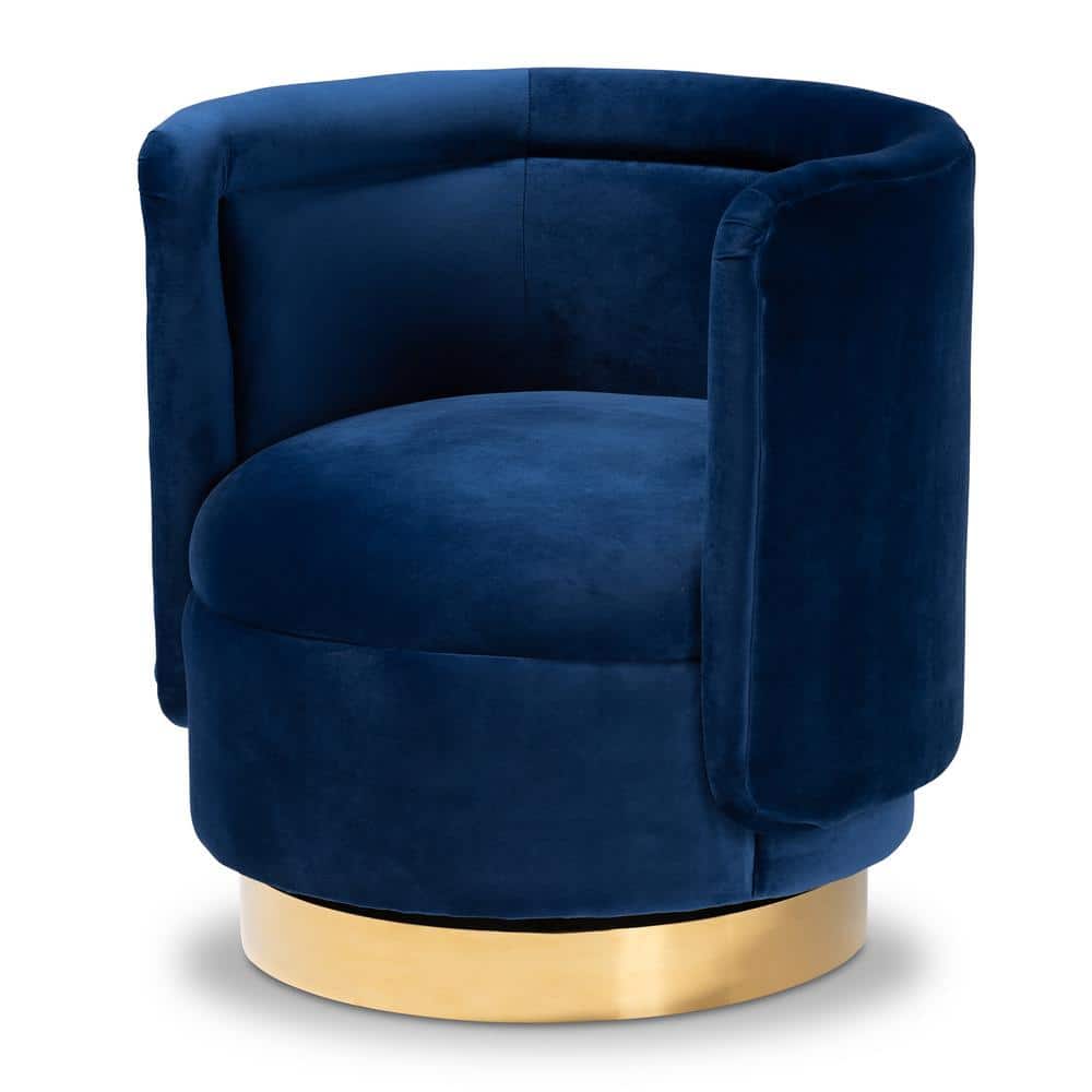 Royal Blue Velvet Barrel Swivel Accent Chair with Gold Base