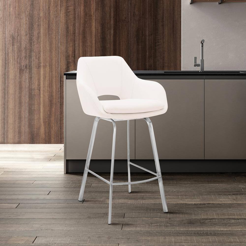 Aura White Faux Leather Swivel Bar Stool with Brushed Steel