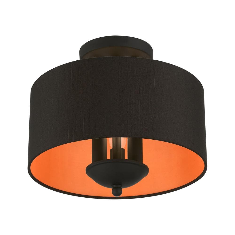 Bradley 12" Black Glass Drum Semi-Flush Mount with Silky Inner Shade