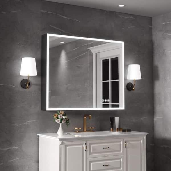 40 in. W x 32 in. H Rectangular Aluminum LED Medicine Cabinet with Mirror and Flowing Light, Dimmable, Anti-fog, Black