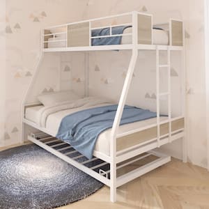 White Twin Over Full Bunk Bed with Sturdy Metal Frame, Bed Frame with Twin Size Trundle, 2-Side Ladders and Safety Rails