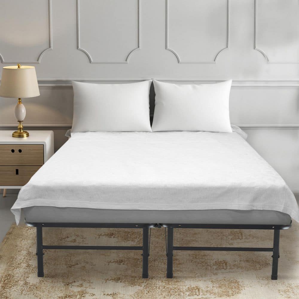 Homestock Black 14 Full Bed Frame Heavy Duty Foldable Bed Frame Folding Bed Frame with Steel Metal Slats Mattress Foundation