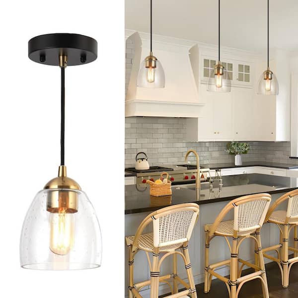 1-Light Brass Gold Mini Pendant Light, Seeded Glass Black Pendant Hanging Light, Modern Light Fixture for Kitchen Island